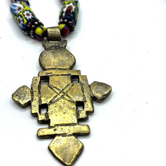 Colorful Beaded Necklace with Brass Coptic Cross Pendant  Unique Original - Picture 6 of 10